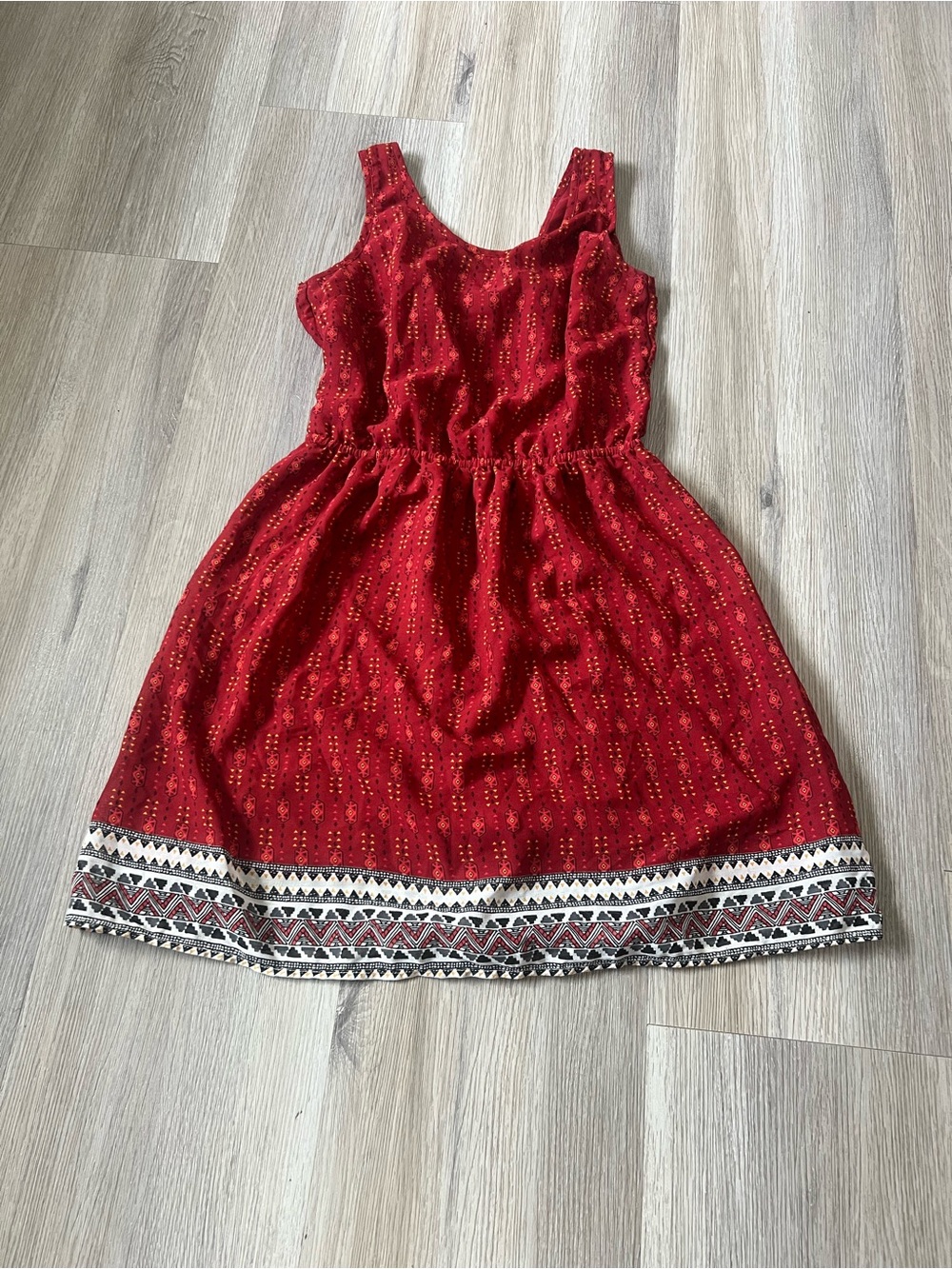Divided Red Sleeveless Mini Dress with Patterned Hem
